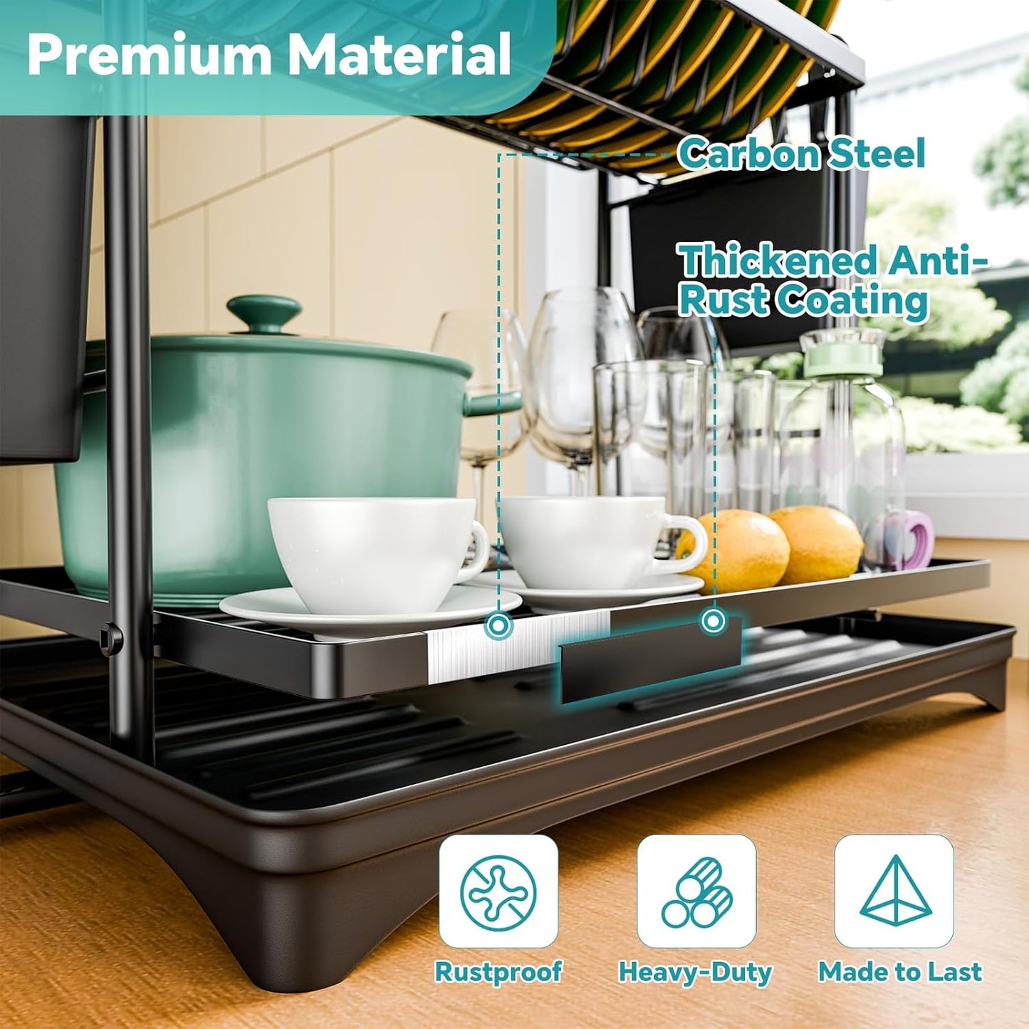 Simple Trending Dish Rack, Dish Drying Rack 2 Tier, Stainless Steel Dish Drainers with Utensil Holder and Drainboard for Kitchen Sink Organizers, 12" w x 16.6" L, Black