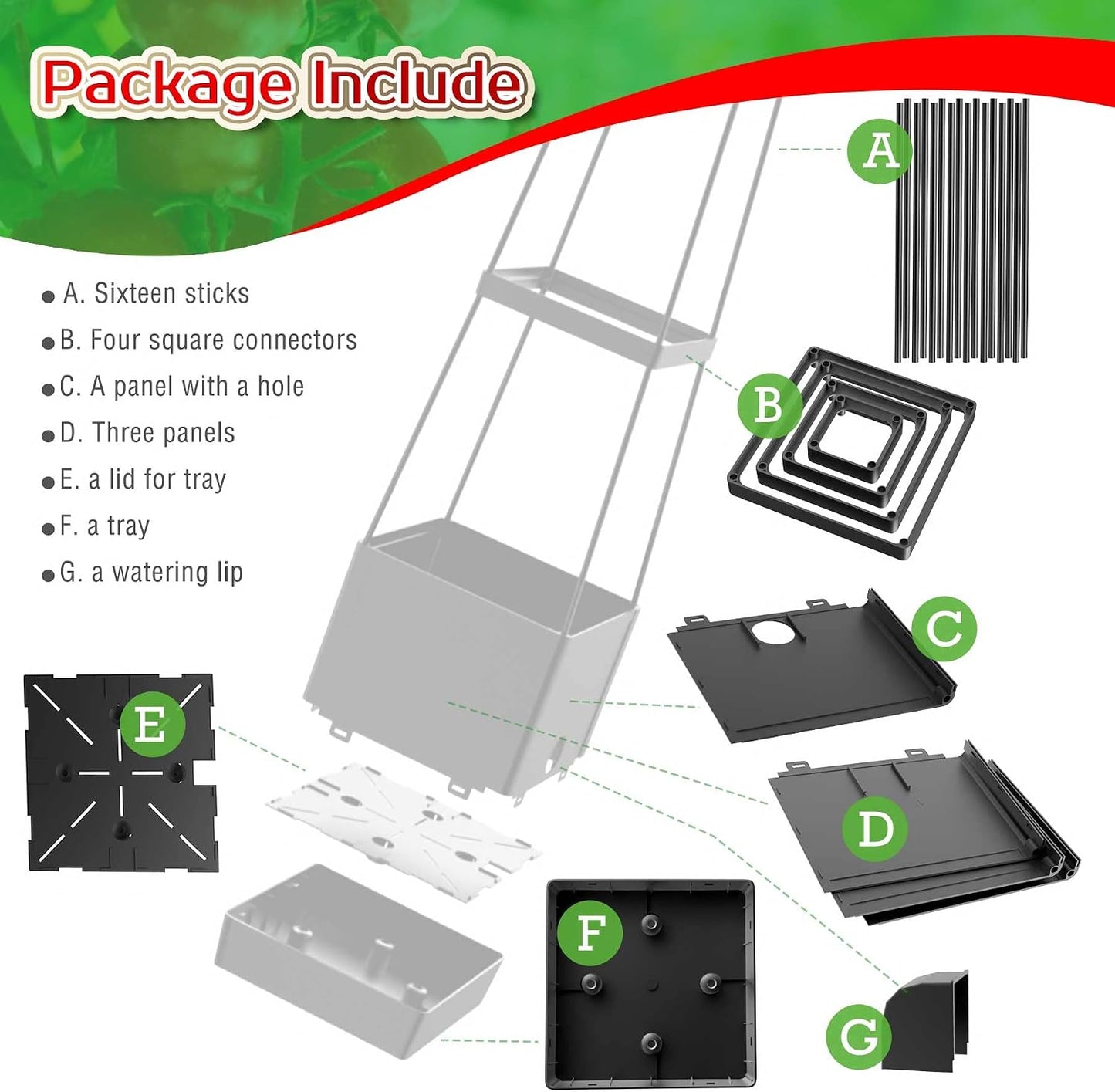 Raised Garden Bed Planter Boxes & Trellis, vanpein Tomato Cage & Planter Pot Outdoor 59" Plant Support with Self Watering for Climbing Vegetable Flowers Vines Plants, Gray