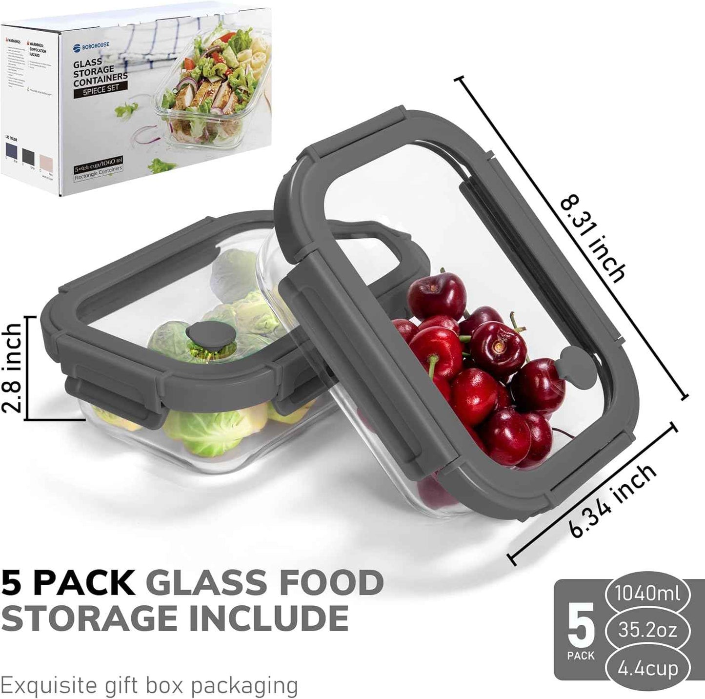 5-Pack Borosilicate Glass Containers with Tempered Lids, 35.2oz/4.4 Cup Airtight Meal Prep Set, Microwave/Freezer Safe (Gray)