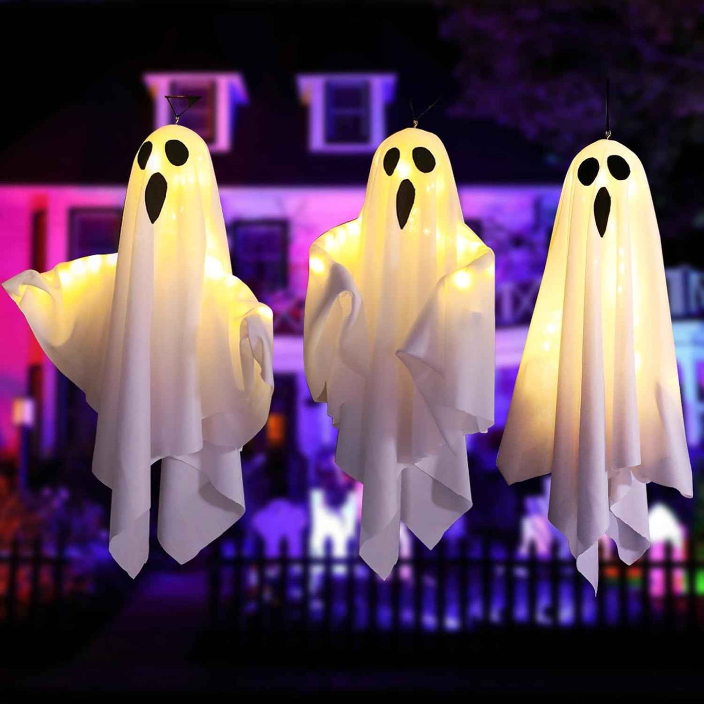 3Packs Halloween Light Up Hanging Ghost Halloween Ghost Decorations with LED Light Spooky Ghost Ornaments for Home Tree Garden Yard Party Décor and Holiday Decorations(White)