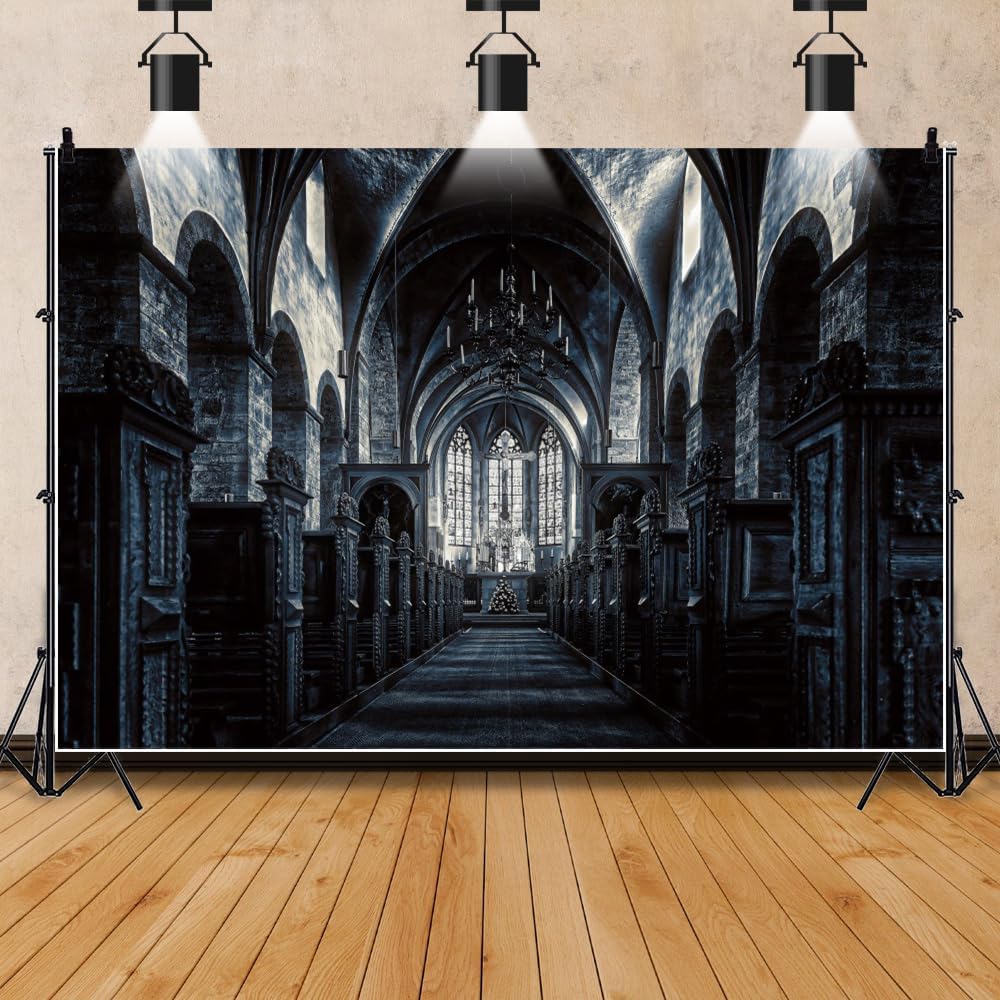 ChloropLastid 12x10ft Scary Church Halloween Backdrop Dark Black Horror Gothic Medieval Castle Interior Photography Background Halloween Night Carnival Theme Party Decor Banner Photo Studio Props