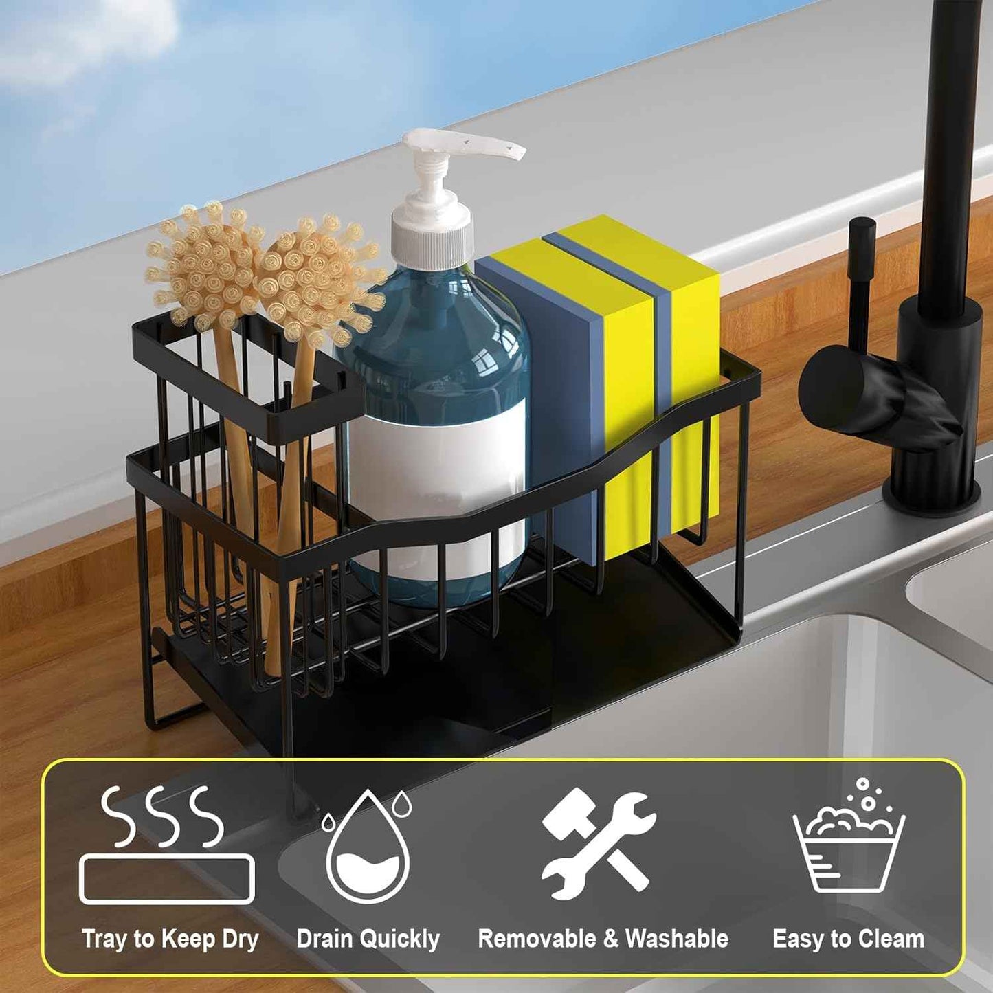 Fssvcd Maifan Sink Caddy Sponge Holder for Kitchen with Brush Holder and Stainless Steel Self Drain Tray, Rustproof Kitchen Sink Organizer for Sponge, Soap Dispenser Storage Accessories