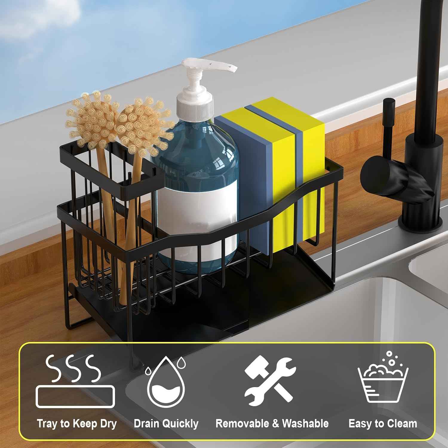 Fssvcd Maifan Sink Caddy Sponge Holder for Kitchen with Brush Holder and Stainless Steel Self Drain Tray, Rustproof Kitchen Sink Organizer for Sponge, Soap Dispenser Storage Accessories