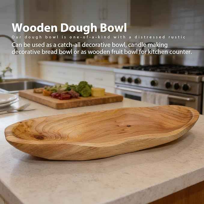 BTEOBFY 15-Inch Wavy Wooden Fruit Bowl - Handcrafted Solid Wood Decorative Basket for Kitchen Countertop - Large Rustic Dough Bowl Centerpiece, Natural Driftwood Decor for Bread & Snacks