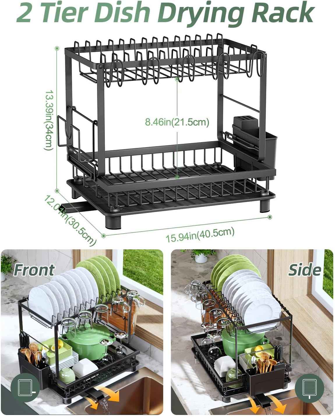 Dish Drying Rack, 2 Tier Space-Saving Dish Rack, Multifunctional Dish Drainer for Kitchen Counter with Drainboard/Utensil/Cup Holder Rustproof Carbon Steel, Black