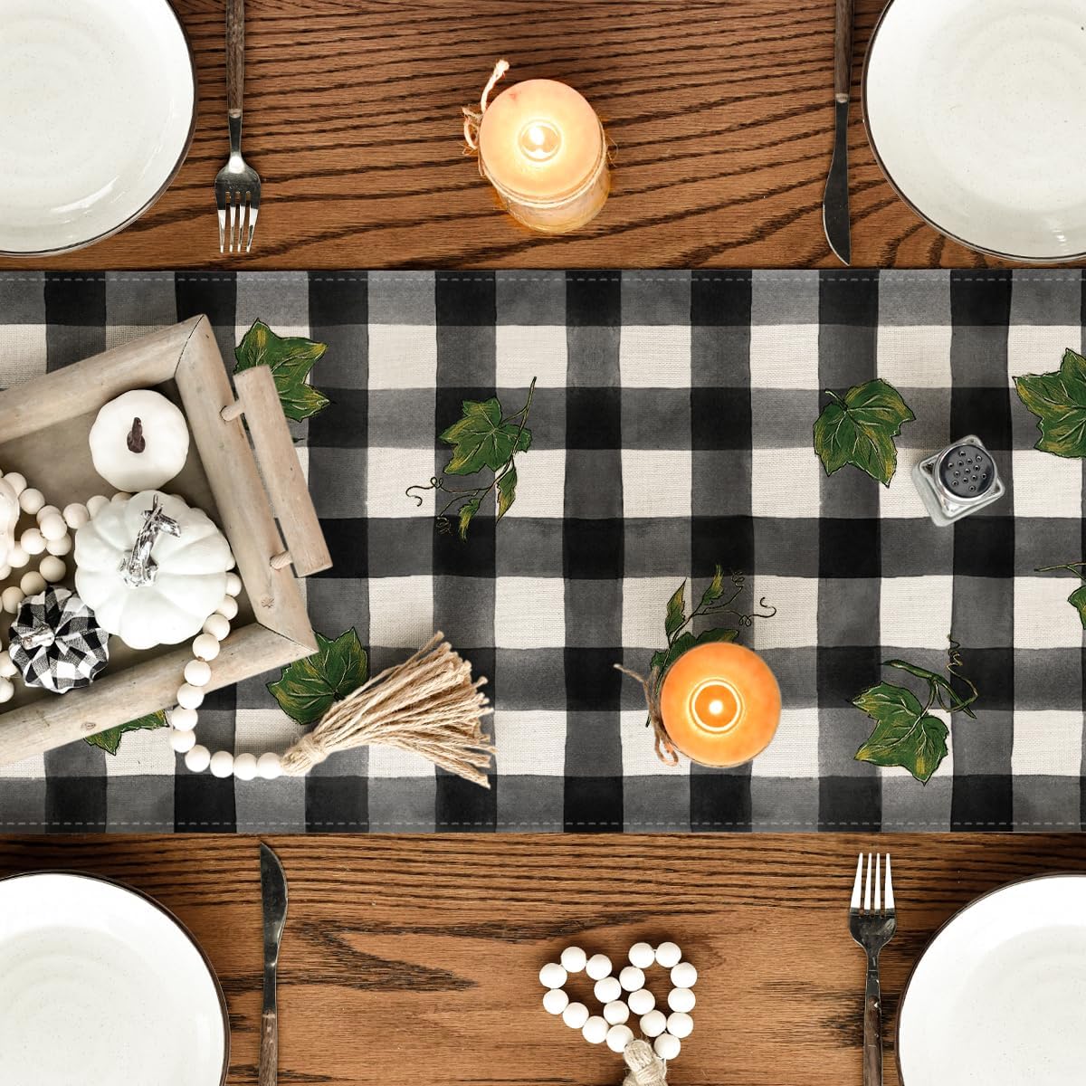 Artoid Mode Buffalo Plaid Bowknot Pumpkin Thankful Fall Table Runner, Autumn Thanksgiving Kitchen Dining Table Decoration for Home Party Decor 13x108 Inch