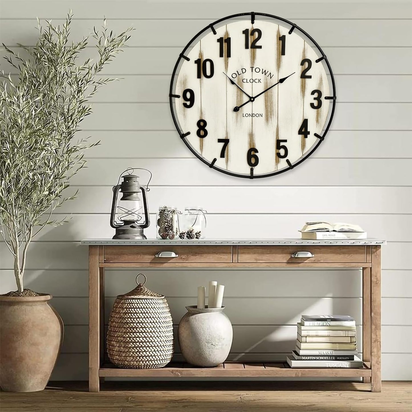 Farmhouse White 24 Inch Wooden Large Wall Clock, Silent Non-Ticking Quartz Movement, Battery Operated Modern Rustic Clock for Living Room, Kitchen, Office, Home Decor