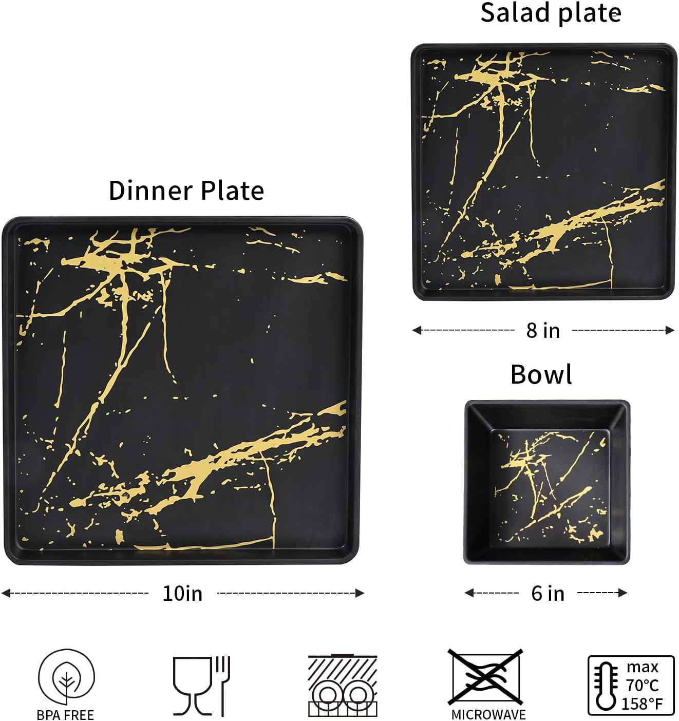 Melamine Dinnerware Sets - 12pcs Square Plates and Bowls Sets For 4, Indoor Outdoor Use, Dishwasher Safe, Black & Gold
