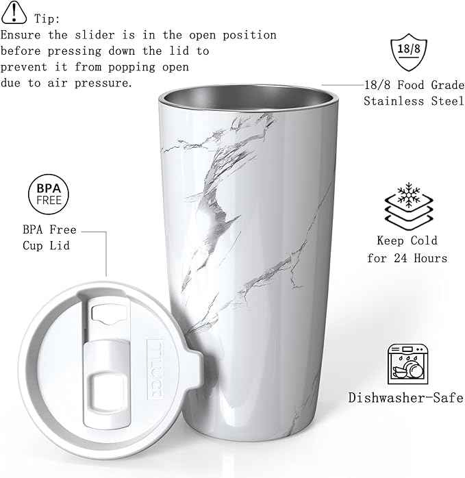 TILUCK 20 oz Insulated Tumbler with BPA-Free Lid, Stainless Steel Vacuum Travel Coffee Mug, Double Wall Coffee Tumbler（20oz，Marble）