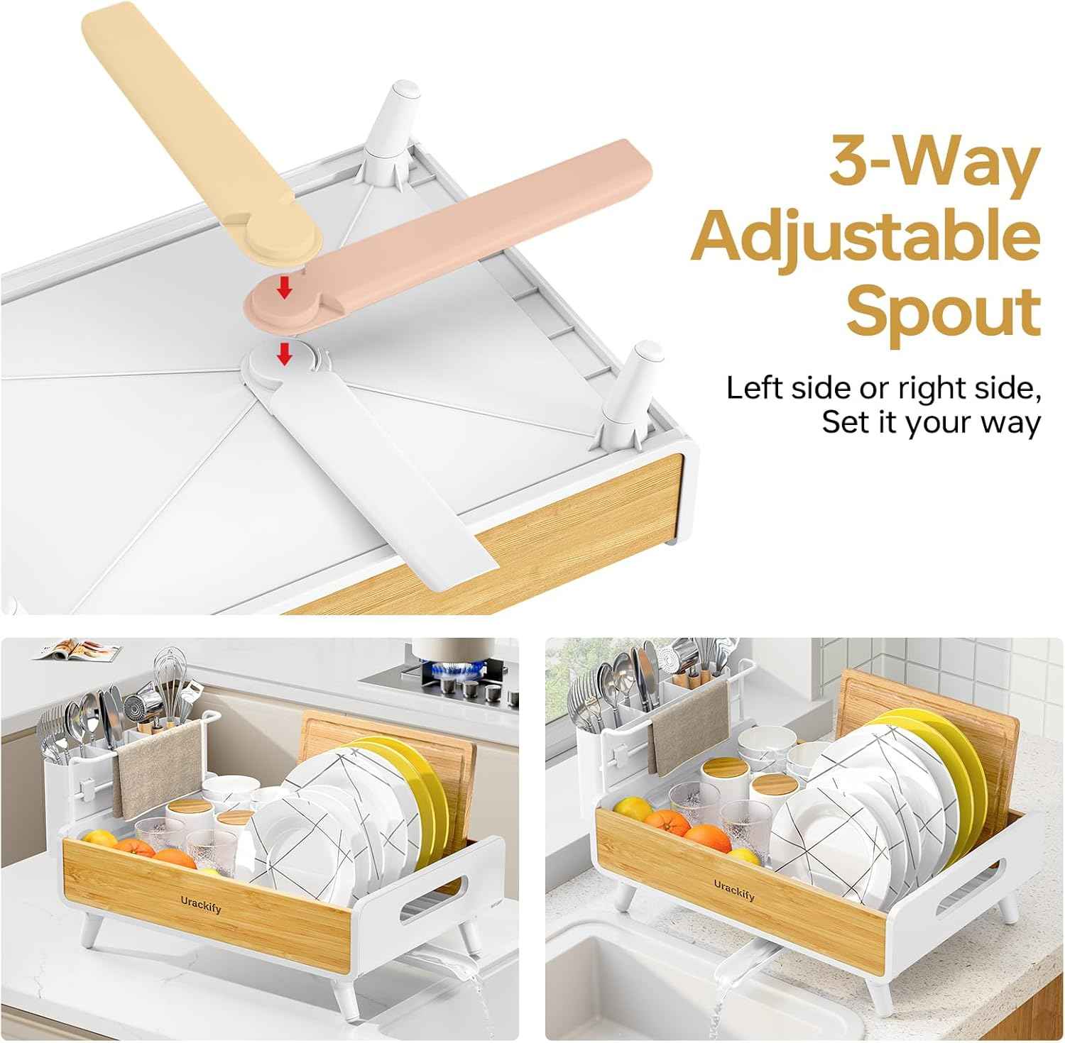 Urackify Dish Drying Rack for Kitchen Counter - Stainless Steel & Bamboo Dish Rack with Large Removable Utensil Holder, Dish Drainer with Adjustable Automatic Spout, White