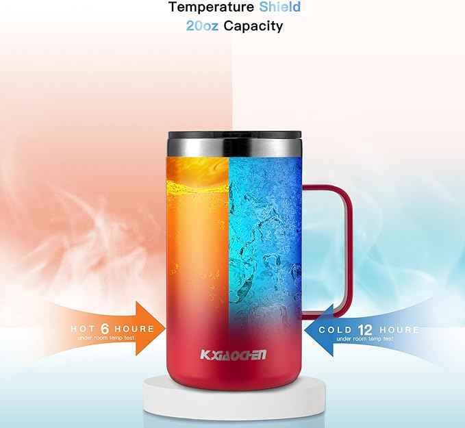 KXIAOCHEN 20oz Insulated Coffee Mug with Lid, Stainless Steel Coffee Cup, Double Wall Vacuum Coffee Tumbler with Handle, Premium Thermal Travel Coffee Mug (Red Emerald 2Pack)