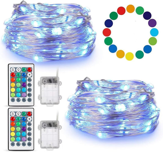 TenSteed Fairy Lights Battery Operated Twinkle Lights with Multicolor Changing, 50 LED, 16.4Ft Silvery Copper Wire, Remote Included. Perfect for Party, Wedding, Christmas Décor - 2 Pack
