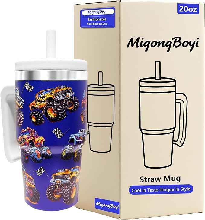 20-OZ Insulated Water Bottle,Insulated Stainless Steel Tumbler,Reusable Cold Drink Thermos,BPA-Free, Double-Wall Stainless Steel Water Bottle (Dark blue-Monster truck, 20, Fluid Ounces)
