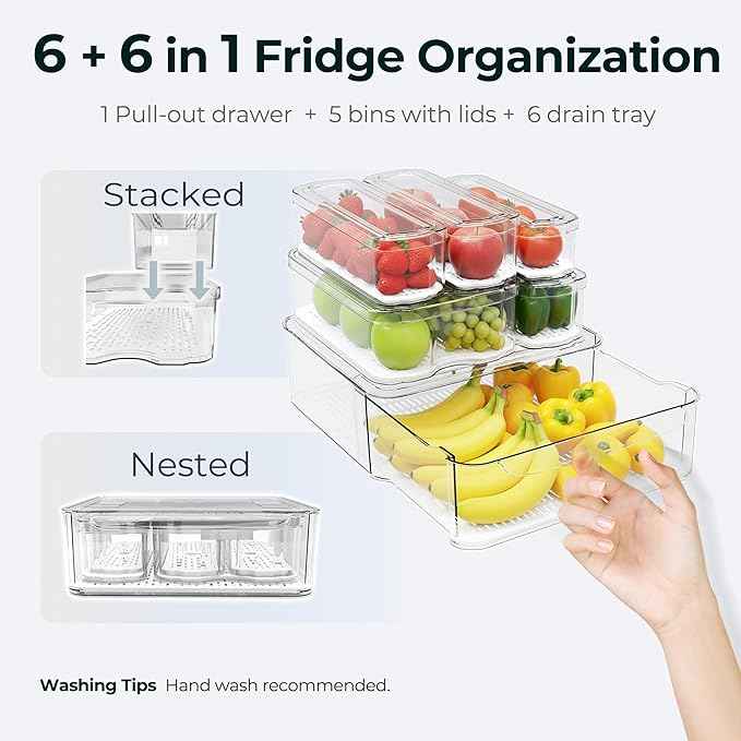 SMRCAD 6 Pack Refrigerator Organizers, Clear Pull-out Drawer Container and Organizer Bins with Lids, Stackable Storage Containers for Fruits, Vegetable (Set of 6 (Include Pull Out Drawer))
