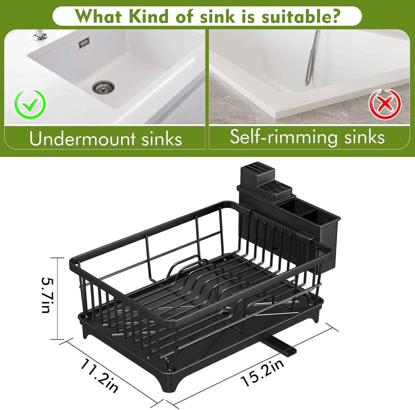 Kmiectse Dish Drying Rack - Space-Saving Small Dish Rack for Kitchen Counter, Rust-Resistant Kitchen Drying Rack, Compact Dish Drainer Organizer with Utensil Holder for Home Kitchen, Black