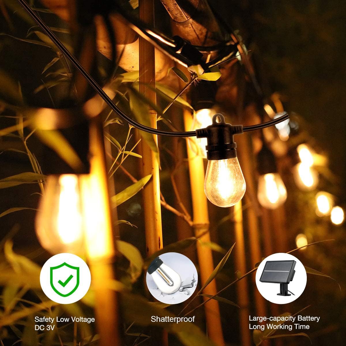 SUNTHIN Outdoor Solar String Lights, 48ft Solar Patio Lights with USB Rechargeable, Waterproof & Shatterproof Solar Powered Bulbs for Yard, Porch, Garden, Pool, Party, Camping