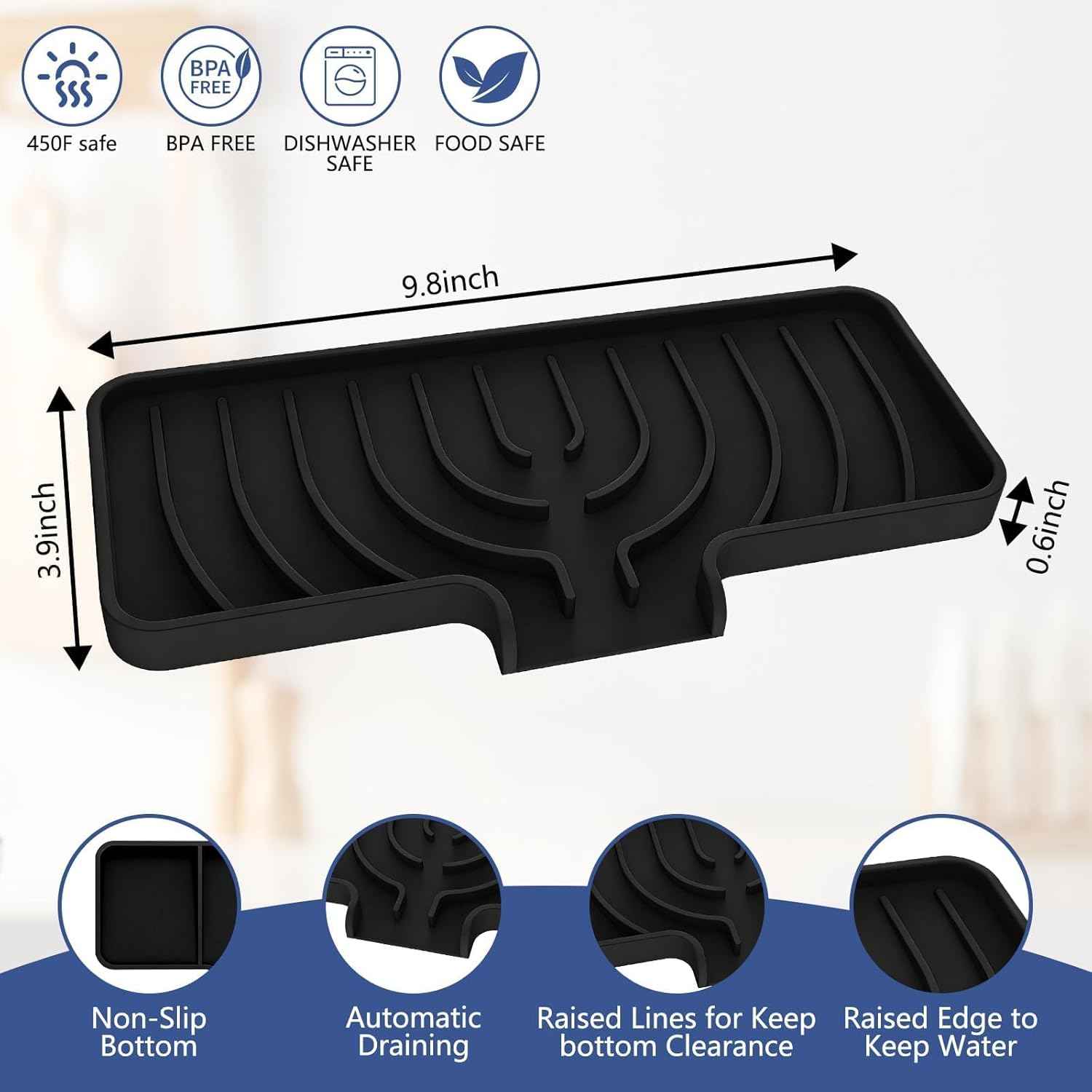 Silicone Sponge Holder for Kitchen Sink With Drain Spout, Self Draining, Kitchen Soap Tray, Bathroom Organizer, Sink Caddy (Black, 10×4)
