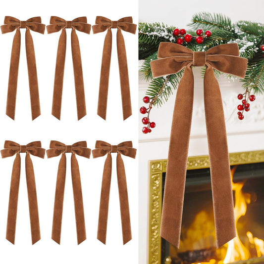 Senjie Velvet Large Christmas Bows for Staircase Garland Wreath, 20in x 8in Vintage Ribbon Bows with Twist Tie for Xmas Tree Holiday Indoor Outdoor Decorations (6Pcs, Light Brown)
