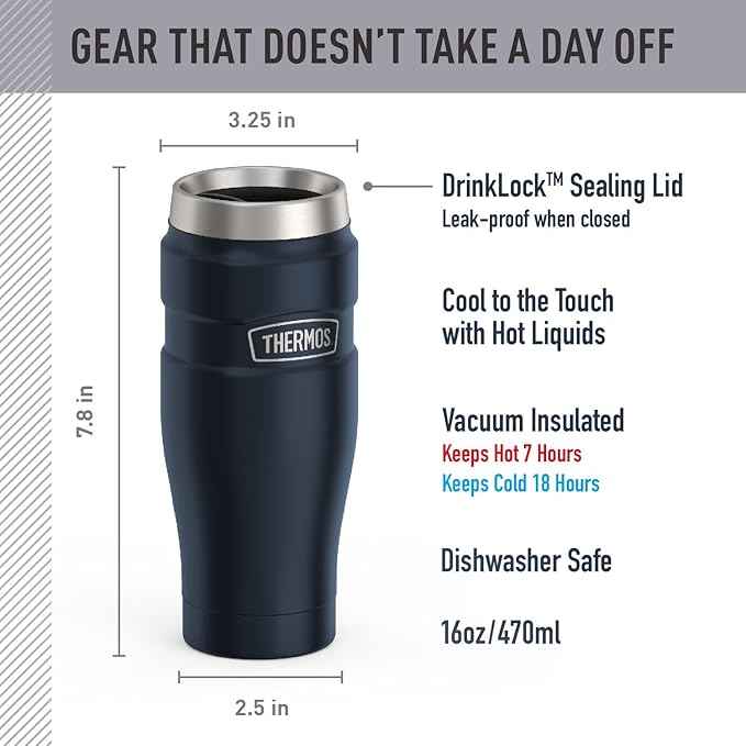 THERMOS Stainless King Vacuum-Insulated Stainless Steel Tumbler - 16oz, Midnight Blue - Insulated Coffee Tumbler for Hot & Cold Drinks - Leak-Proof & Sweat-Proof for Commuting & Traveling