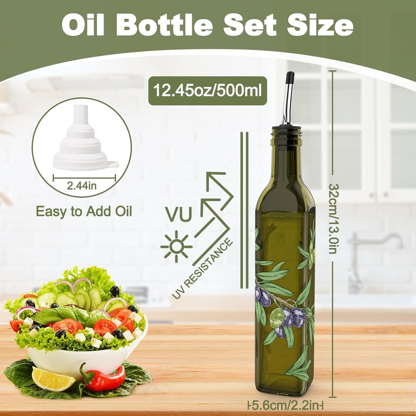 COOLMI Oil and Vinegar Dispenser Set - 17oz/500ML Premium Glass Olive Oil Dispenser Bottles for Kitchen, Oil Dispenser for Kitchen (Olive)