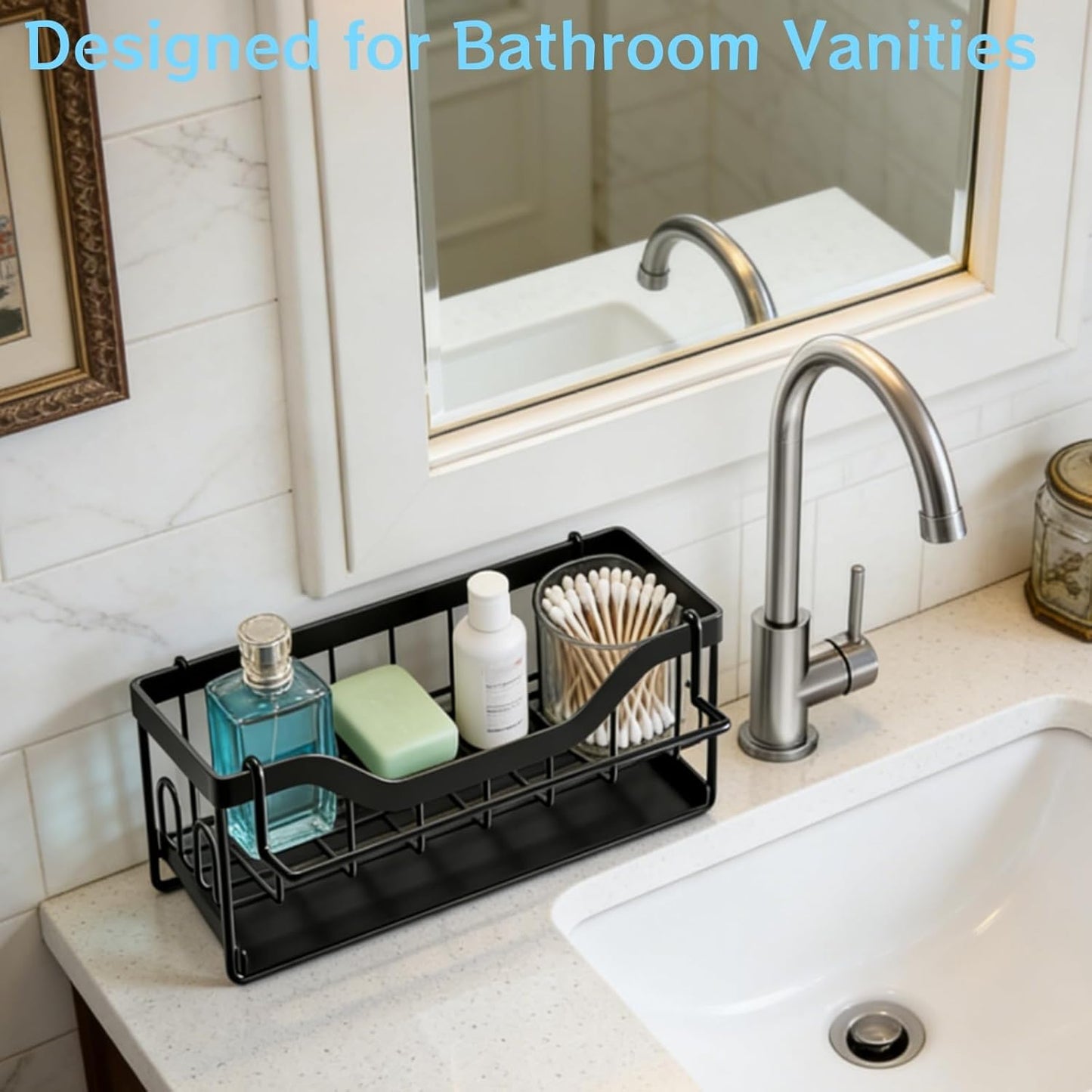 Sponge Holder for Kitchen Sink - Sink Caddy Organizer with Auto Drain Tray, Detachable Towel Rack, Stainless Steel Kitchen Counter Organizer Rack, Black
