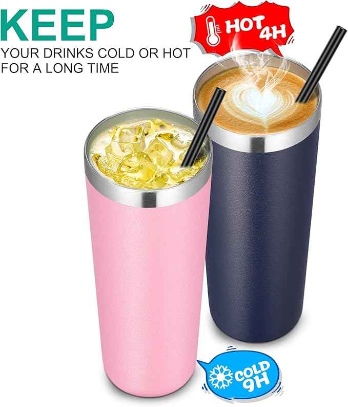 VEGOND Stainless Steel Skinny Tumbler, 20 oz Vacuum Insulated Tumbler with Lid and Straw, Double Wall Coffee Cup, Travel Mug for Cold Hot Drinks, Navy Blue 1 Pack