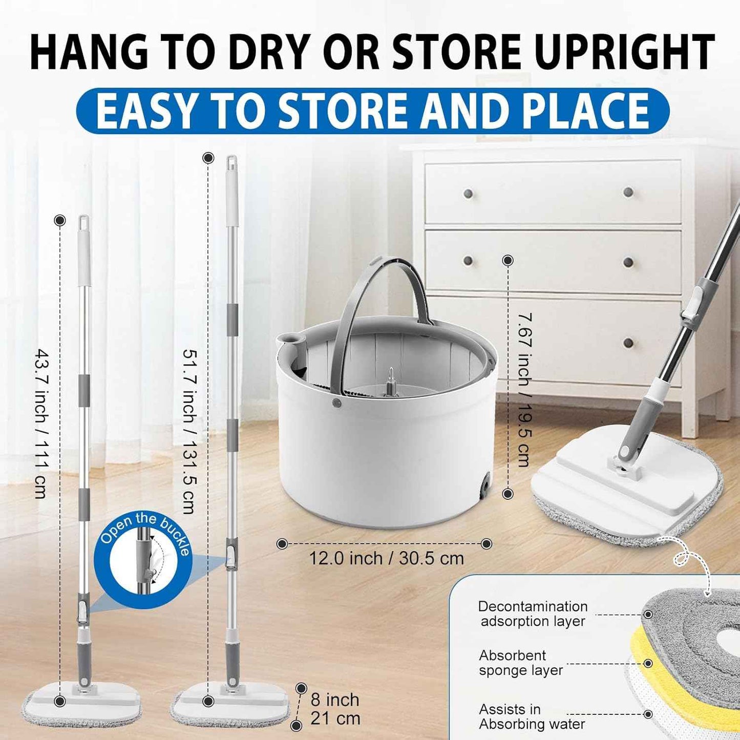 Spin Mop and Bucket with Wringer Set, 360° Spinning Mop Bucket with Separate Dirty and Clean Water System with 3 Microfiber Mop Pads and 52" Stainless Steel Adjustable Handle for Floor Wall Cleaning