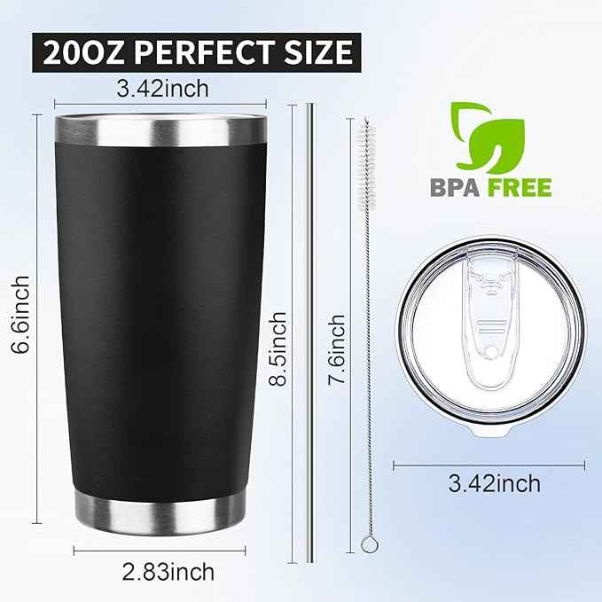 20oz Tumbler with Lid and Straw Double Wall Powder Coated Vacuum Insulated Coffee Tumbler Stainless Steel Insulated Travel Coffee Mug Spill-Proof Thermal Cup for Hot and Cold Beverage,Black