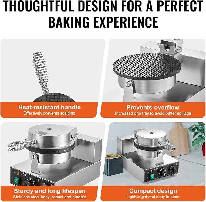 VEVOR Electric Ice Cream Cone Maker, Commercial 1230W Waffle Cone Machine, Non-Stick Stainless Steel Egg Roll Mold, with Temperature and Time Control, Handle, for Restaurant Bakery Snack Bar Family