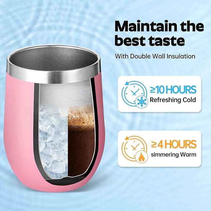 Volhoply 12oz Stainless Steel Wine Tumbler with Lid Bulk 8 Pack,Double Wall Vacuum Stemless Wine Glasses,Reusable Metal Travel Coffe Mug with Straw,Insulated Cup Gifts for Women,Christmas（Pink,8 Set）