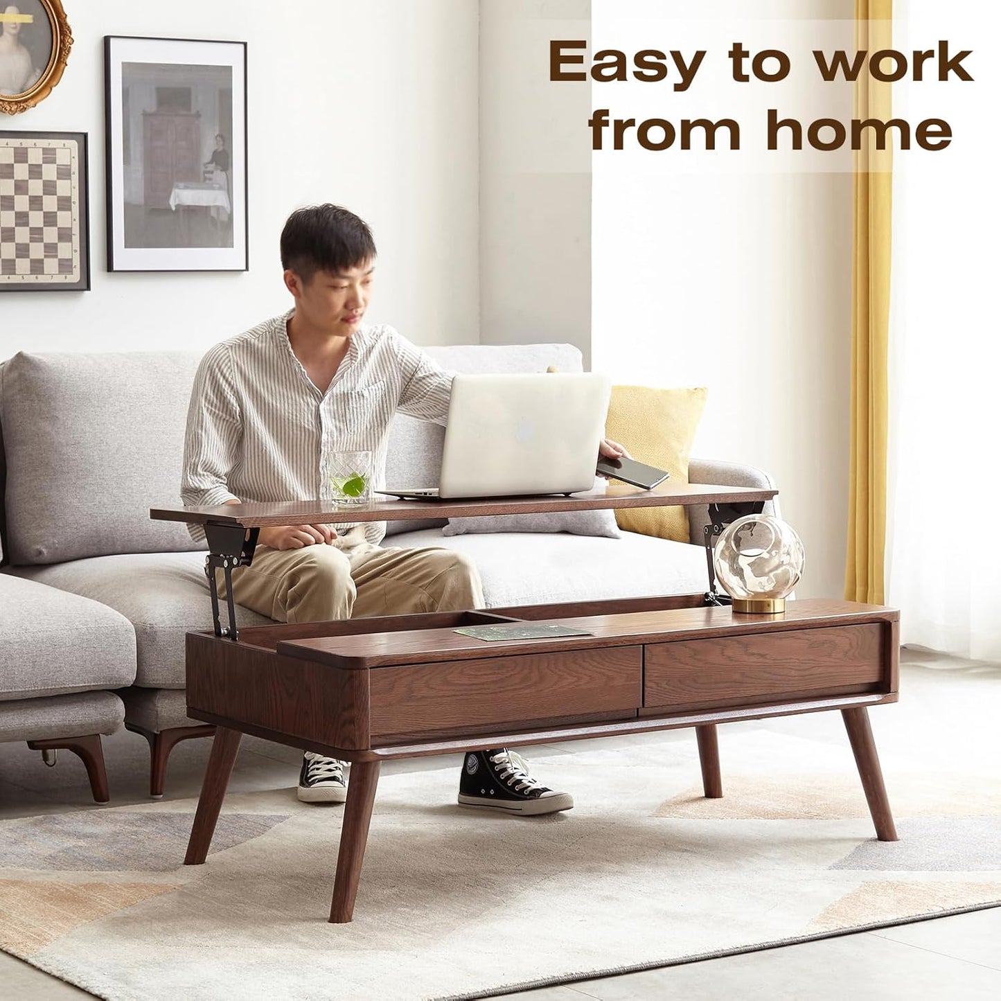 Solid Oak Wood Lift Top Coffee Table for Living Room, Mid Century Modern Tables with Drawers and Large Storage, Coffee Tables for Small Spaces (Oak Walnut Color, 39.37" W x 21.65" D x 25.59" H)