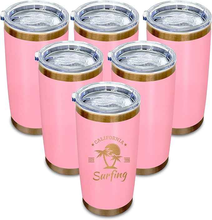 20 oz Tumblers Stainless Steel Tumbler with Lid and Straw Insulated Copper Coffee Mug for Laser Graving 21oz Powder Coated Cup(Pink,6 pack)
