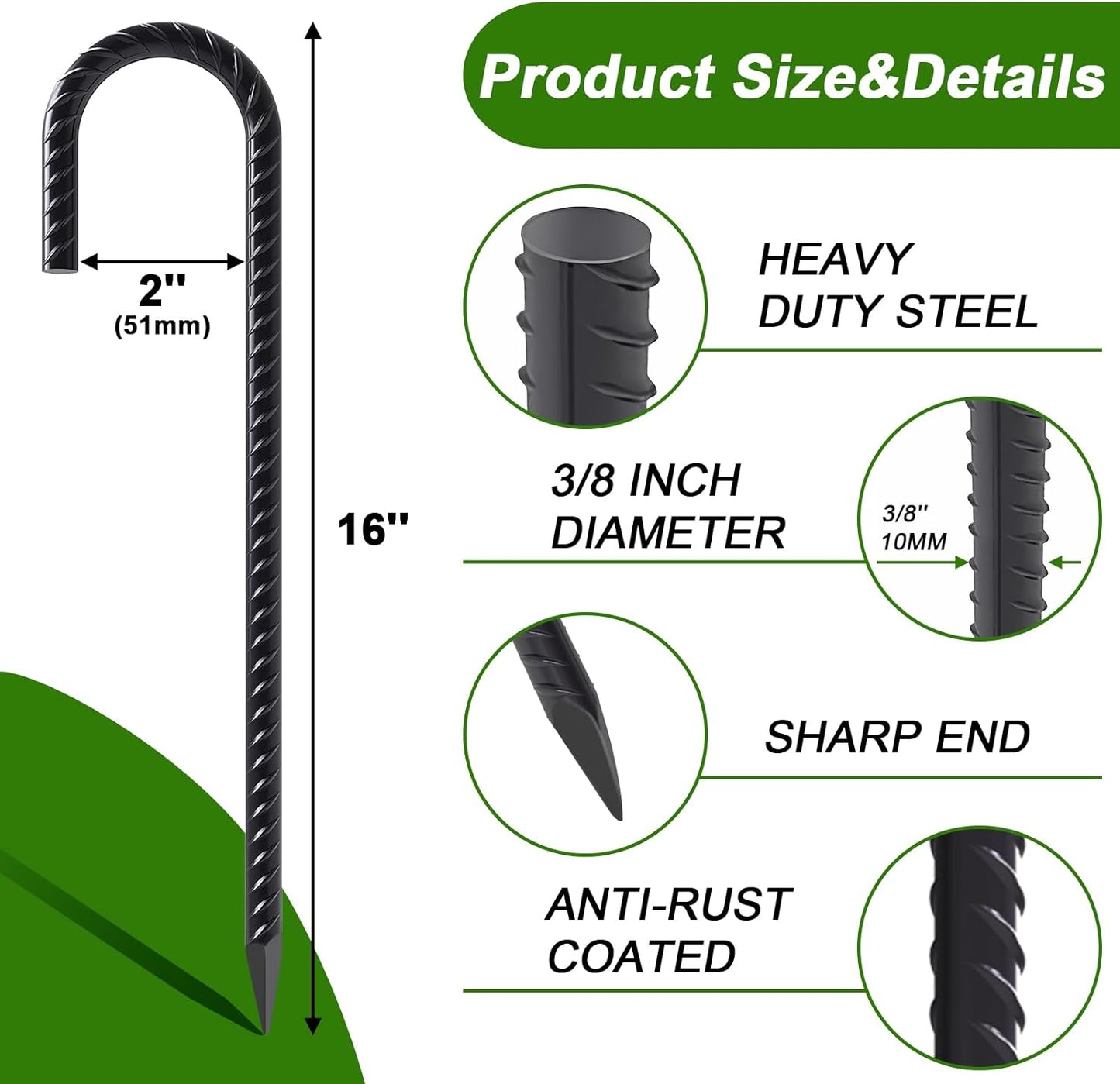 AAGUT 16 Inch Rebar Stakes 3/8" J Hook (16pcs) Heavy Duty Steel Ground Anchors Tent Stakes Ground Stakes with Chisel Point End for Chain Link Fence, Black