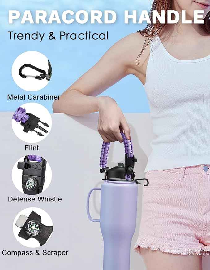 40 oz Water Bottle with Handle and Straw - Stainless Steel TumblerKeep Cold for 48 Hrs, Travel Tumbler Flask with Storage Carrier Pouch, Paracord Handle & Silicone Boot, Auto Chug Lid & Straw