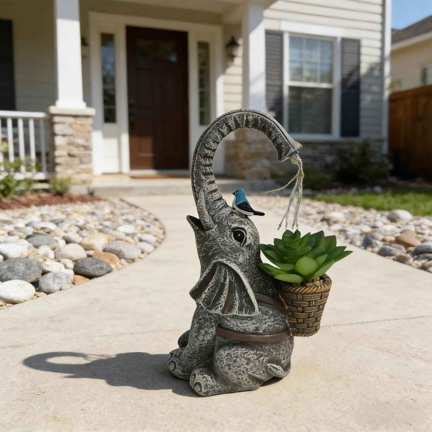 Solar Powered Garden Statue with LED Lights, Grey Stone Resin Elephant Planter, Decorative Outdoor Sculpture with Birds and Succulents,for Balcony, Garden, Patio, Yard, Lawn(Gray)