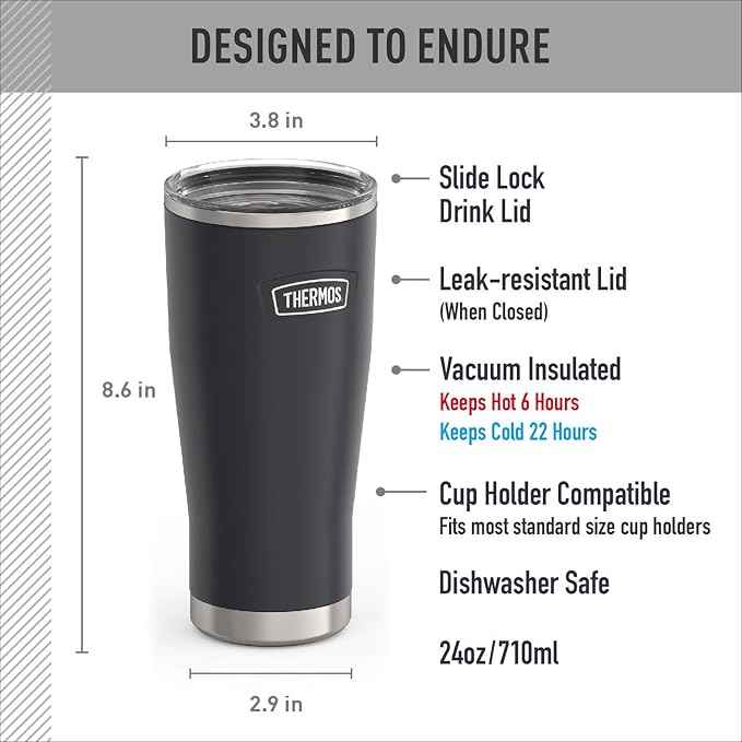 THERMOS ICON SERIES Stainless Steel Cold Tumbler with Slide Lock, 24 Ounce, Granite