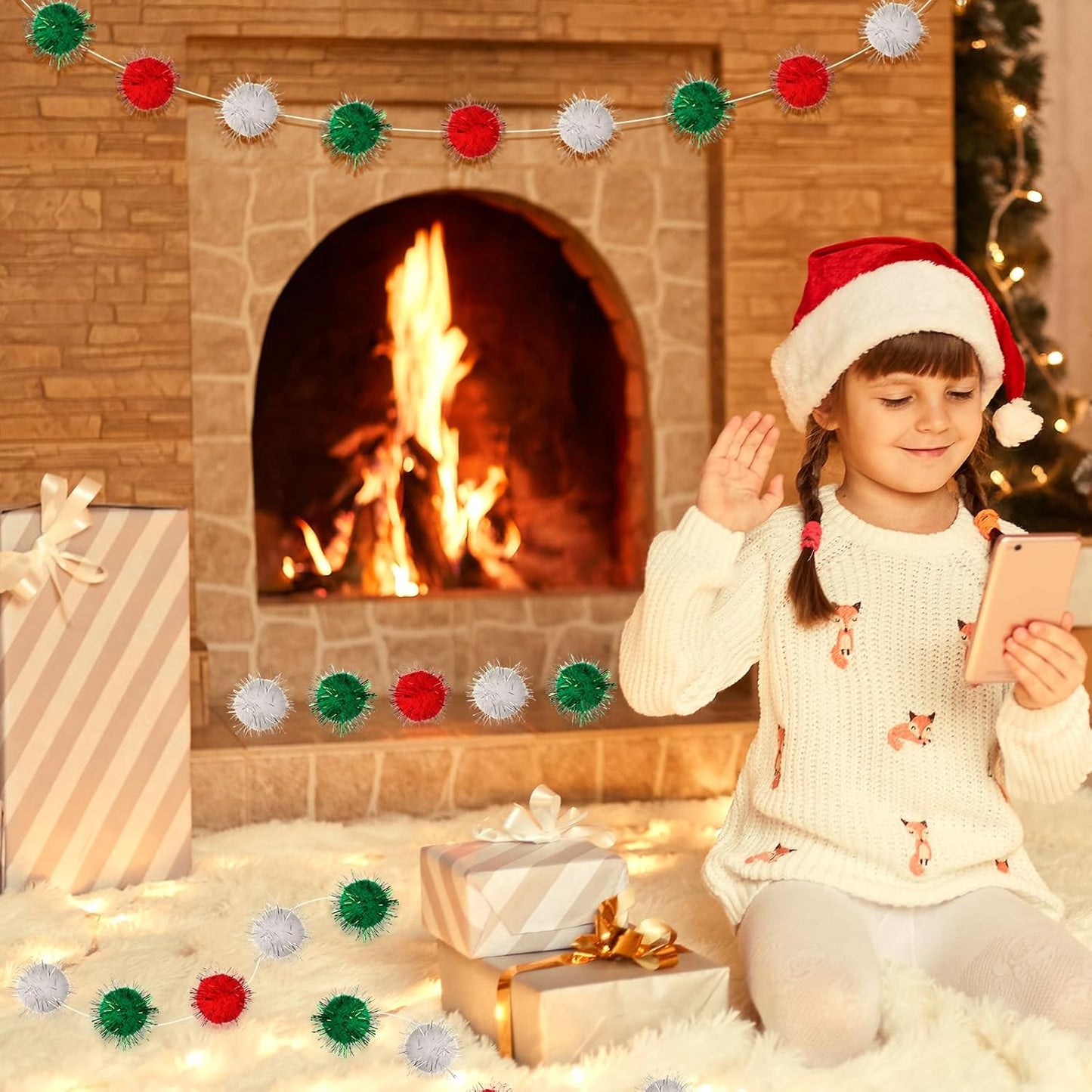 4Pack 120Balls Christmas Glitter Pom Pom Garland Ornaments, 26.5 Feet Felt Ball Glittery Banner, Red White Green Christmas Tree Garland for Xmas Birthday Party Wall Home Decor