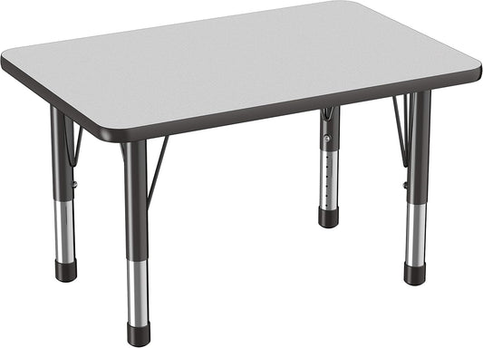 FDP Rectangle Activity School and Classroom Kids Table (24 x 36 inch), Chunky Toddler Leg, Adjustable Height 15-24 inches - Gray Top and Black Edge