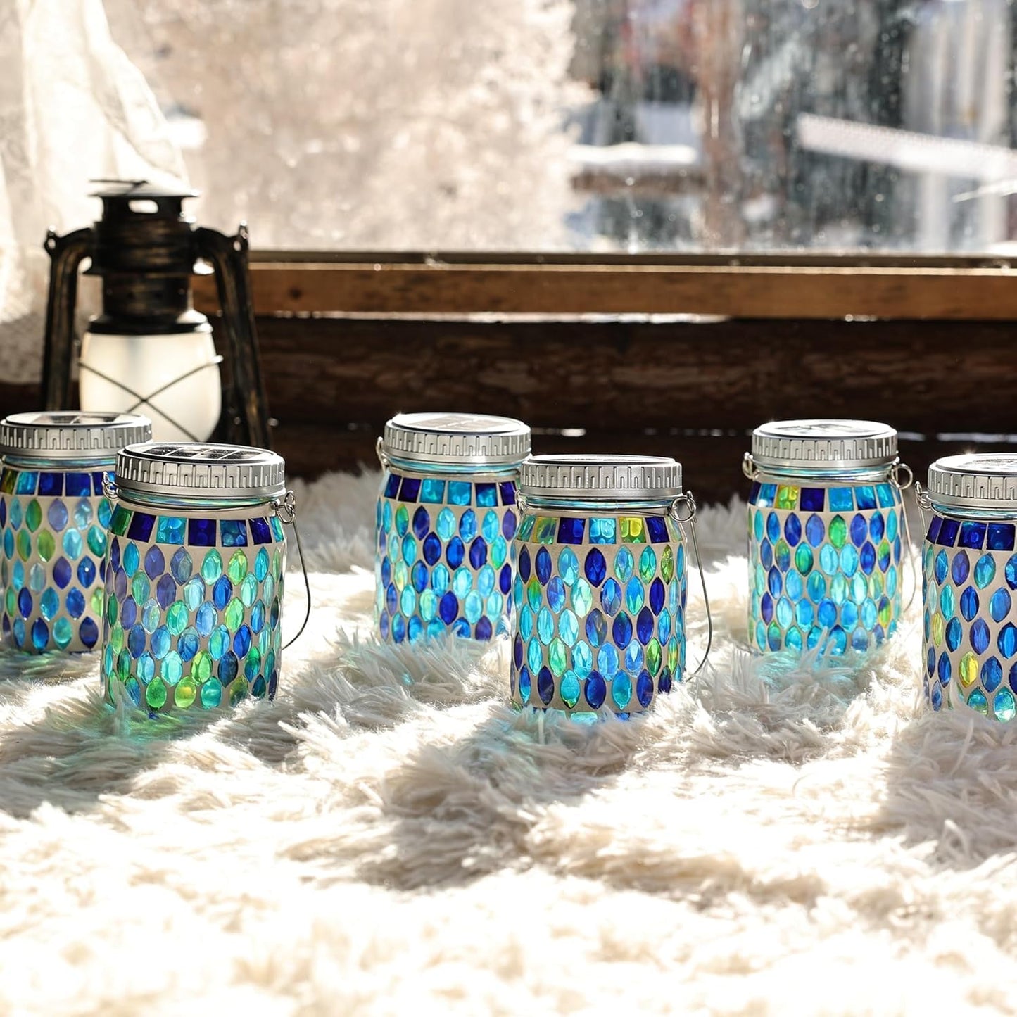 Cooo 2 Pack Mosaic Lanterns Outdoor Waterproof with 215% Larger Solar Panel, Never Rust Lids, True Capacity Battery- Solar Mason Mosaics Jar Lantern for Patio Garden Yard Balcony Hanging or Table