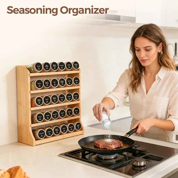 ComSaf Spice Jars with Label 4 oz 24Pcs, Glass Spice Jars with 6 Extra Shaker Inserts and 93 Labels, Seasoning Set with Bamboo Lids and Metal Funnel, Square Containers for Organization, Salt, Pepper