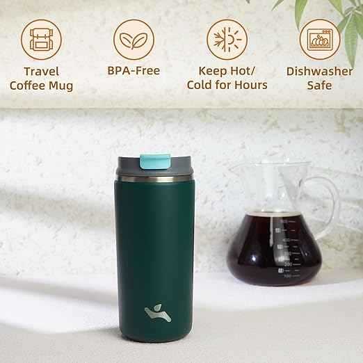 Konokyo Tumbler with Lid, 12 oz Travel Coffee Mug Double Wall Vacuum Stainless Steel Thermal Metal Cup Insulated Water Bottle,Dark Green