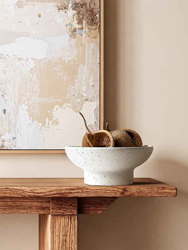 LE TAUCI 10" Ceramic Decorative Bowl, Key Bowl for Entryway, Handcrafted Sturdy Pedestal Bowl, Modern Farmhouse Fruit Bowl for Kitchen Counter, Centerpiece, Speckled White