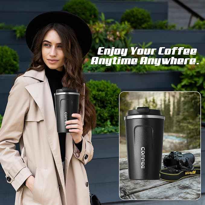 SPLMIFA Travel coffee mugs leak-proof, reusable coffee cups with lids, stainless steel vacuum insulated coffee tumblers, thermal insulation cups for men & women keep drinks hot & cold(2nd-Black, 12OZ)