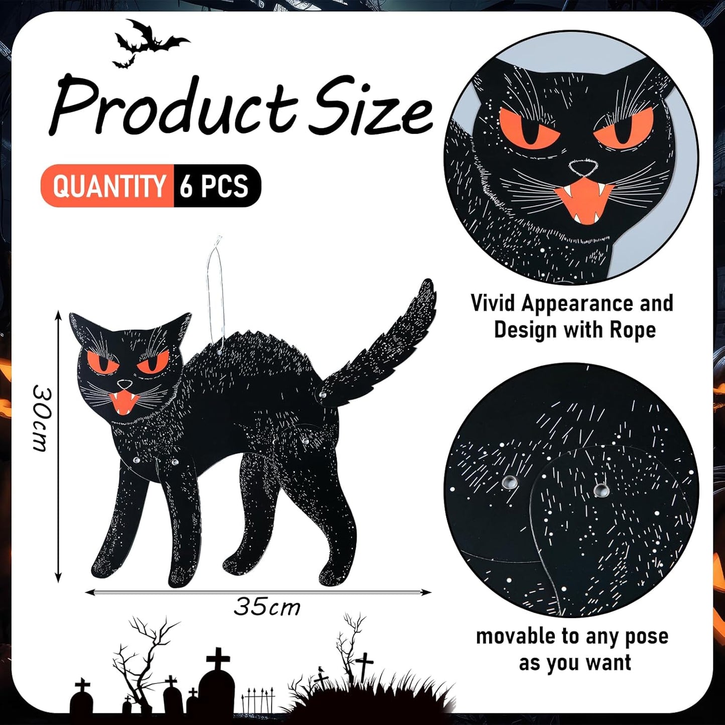 Jeyiour 6 Pieces Vintage Halloween Decor Halloween Jointed Scratch Cats Retro Black Cat Paper Cutouts Decoration for Home Classroom Office Wall Door Office Spooky Party Supplies