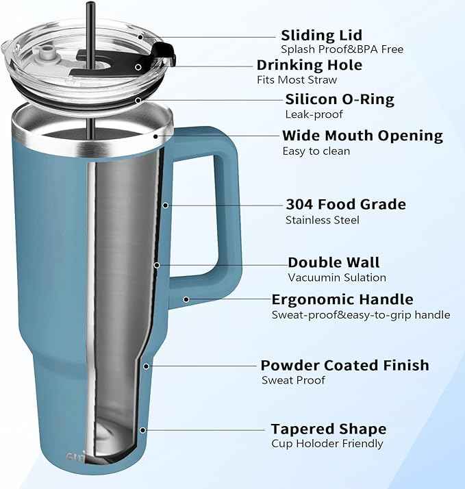 40 oz Tumbler with Handle, Insulated Tumbler with Lid and Straw, Reusable Stainless Steel Vacuum Insulated Cup, 100% Leak Proof Thermal Travel Coffee Mug Cup for Cold and Hot (Maya Blue)