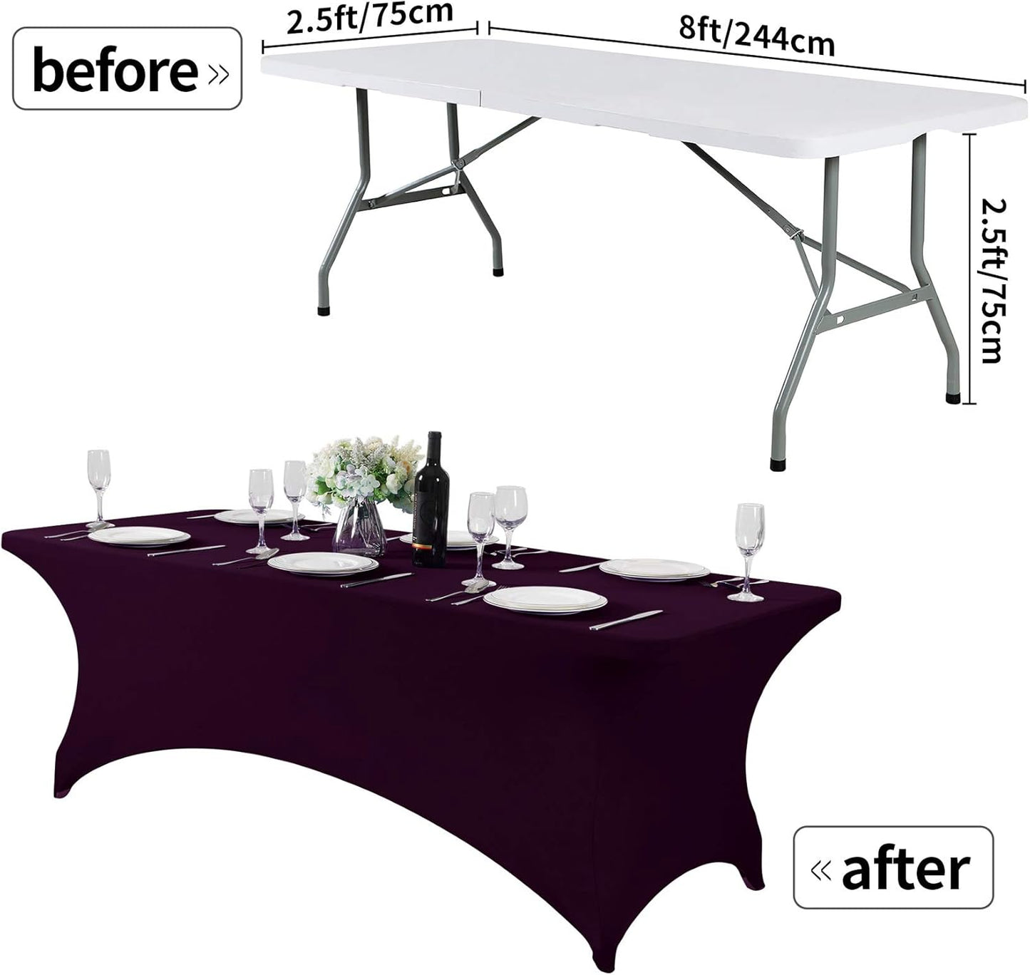 2Pack Spandex Table Cover for 8FT or 4ft or 6ft Table Universal Fitted Stretch Tablecloth for Party, Banquet, Wedding and Events-Eggplant