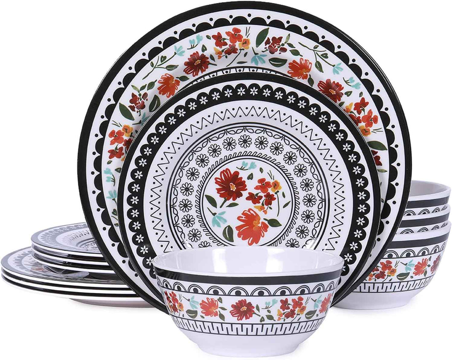 12-Piece Melamine Dinnerware Sets, Unbreakable Dinner Dishes Set for Indoor and Outdoor Use, Dishwasher Safe, Lightweight Dinner Service for 4, Black and White
