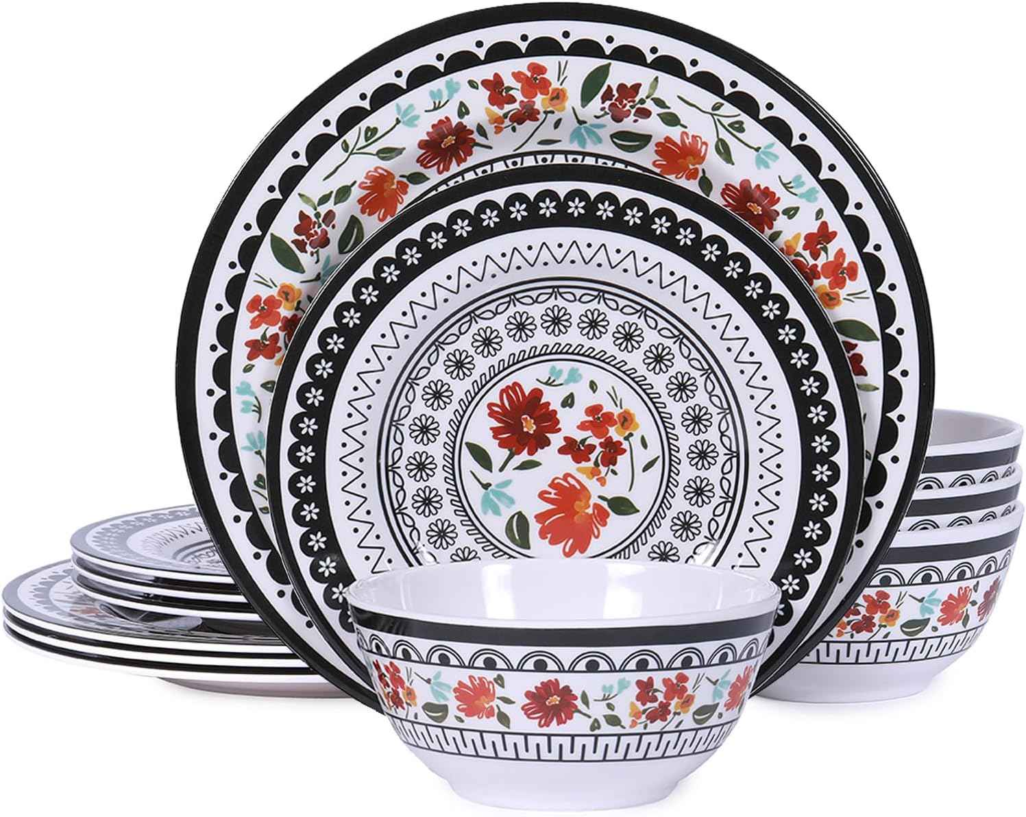 12-Piece Melamine Dinnerware Sets, Unbreakable Dinner Dishes Set for Indoor and Outdoor Use, Dishwasher Safe, Lightweight Dinner Service for 4, Black and White