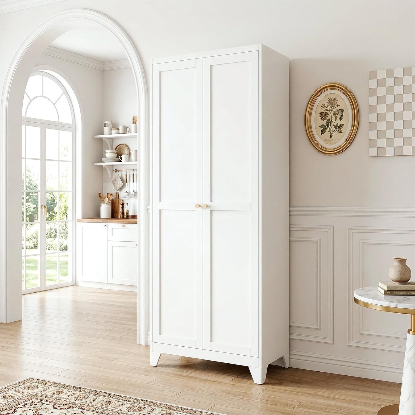 75" Tall Metal Kitchen Pantry Cabinet, Freestanding Steel Storage Cabinet with Doors, 5 Adjustable Shelves, for Dining Room, White