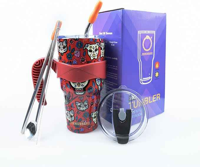 Jormungand 30 oz Tumbler with Handle and Straw Stainless Steel Vacuum Insulated Water Bottle Cup Holder Friendly Coffee Mug with Leak Proof Lid Gift for Women&Men Red Sugar Skull